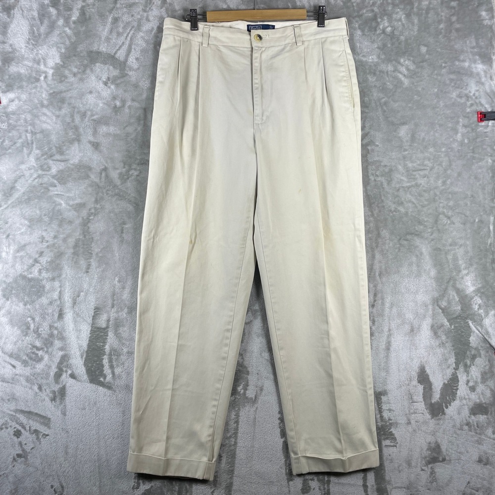 Vintage Polo Ralph Lauren Pants Mens 35x32 Beige Pleated Chino Andrew Pant